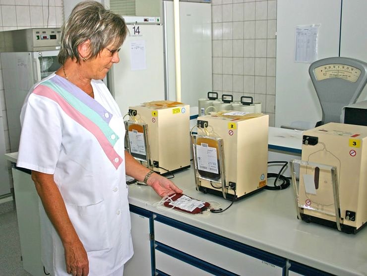 Schwester B. Zenkner bei der Verarbeitung einer Vollblutkonserve im Institut f&uuml;r Transfusionsmedizin (Foto: shk)