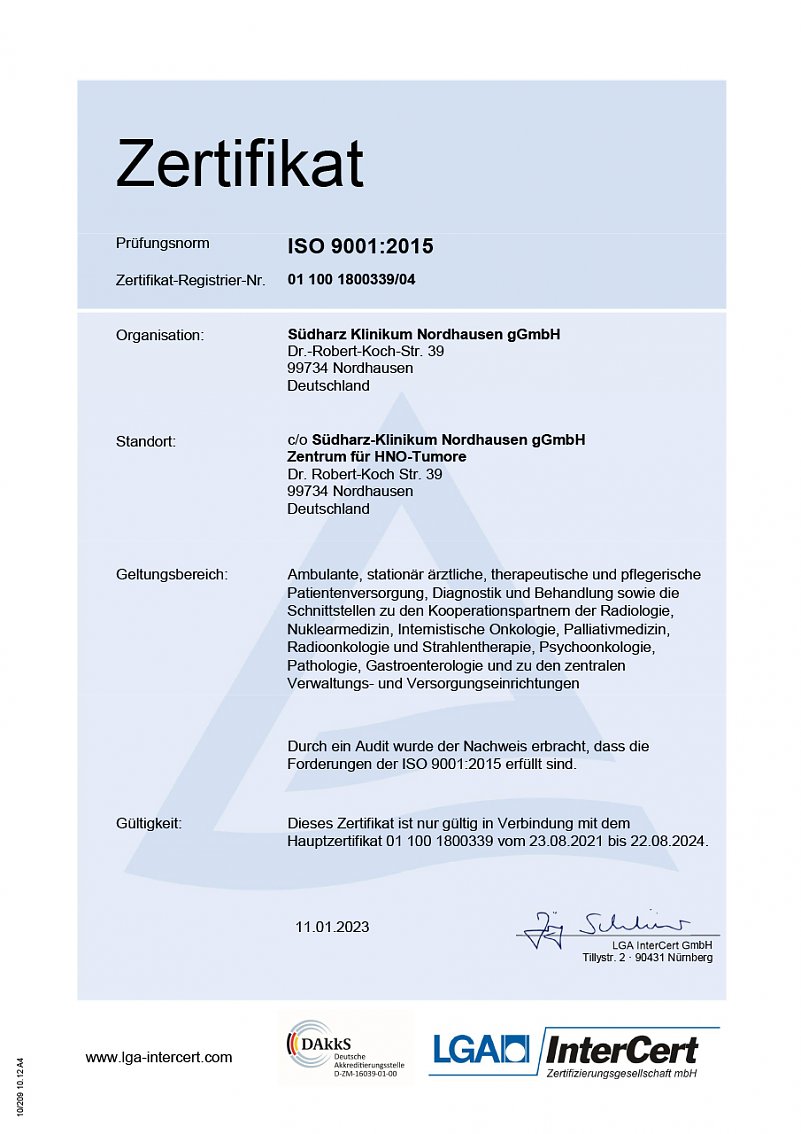 Zertifikat Zentrum f&uuml;r HNO-Tumore (Foto: LGA InterCert)