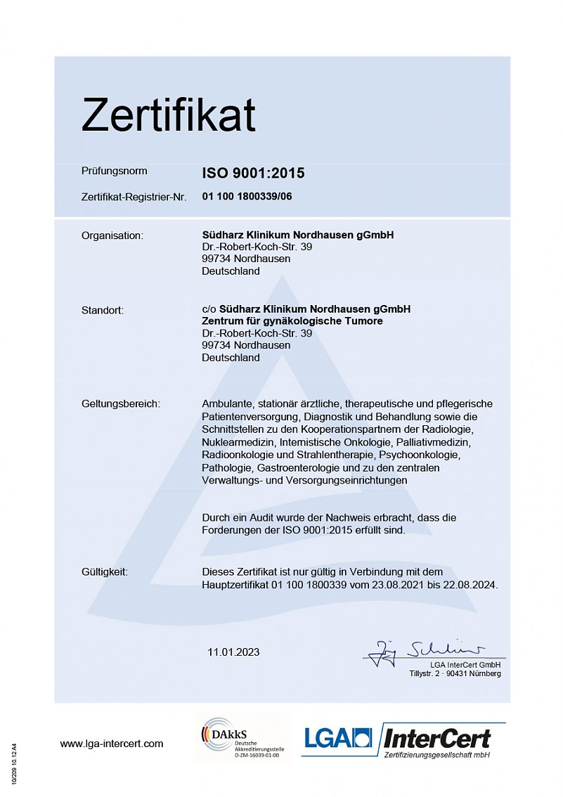 Zertifikat Zentrum f&uuml;r gyn&auml;kologische Tumore (Foto: LGA InterCert GmbH)