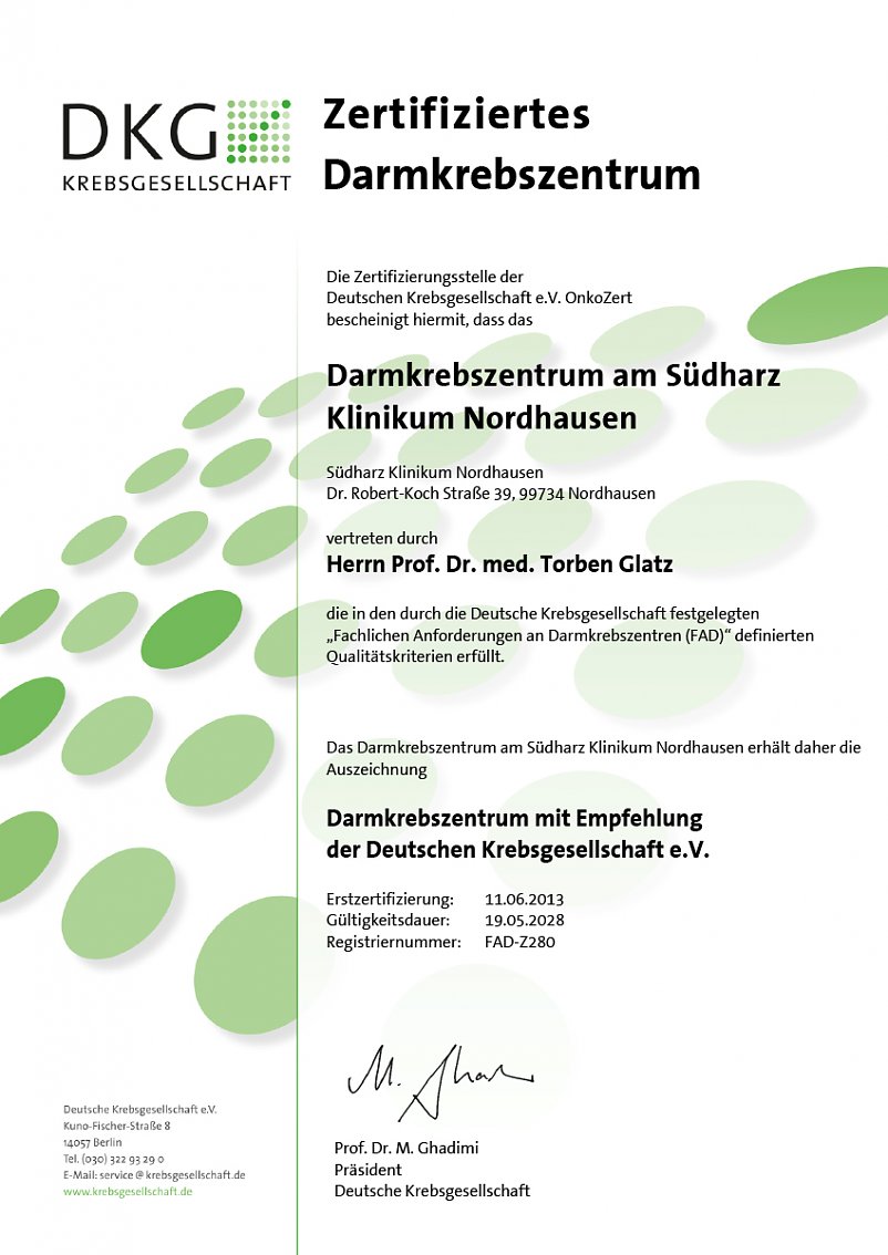 Zertifikat Darmkrebszentrum (Foto: DKG Deutsche Krebsgesellschaft)
